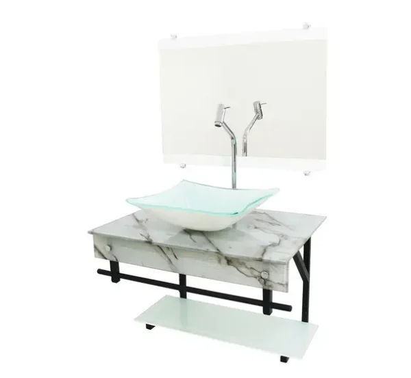 Kit Lavatório de Vidro 60cm Marmorizado – Vmex (Cor: Mármore Branco)